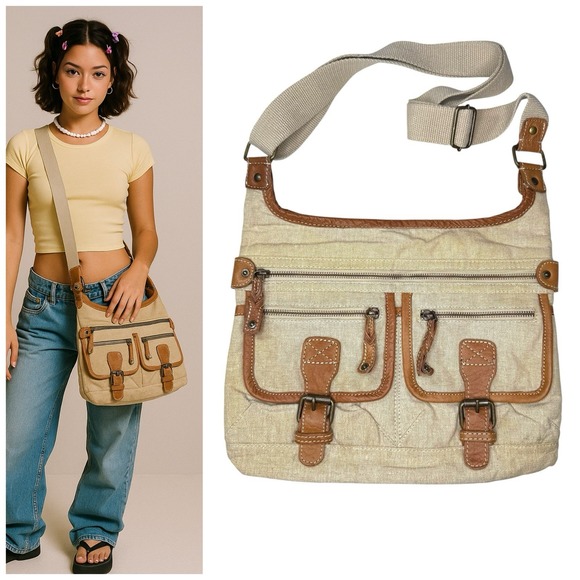 Fat Face Y2K Canvas Leather Crossbody Messenger Bag Utility Pockets Rare Unused - Picture 1 of 13